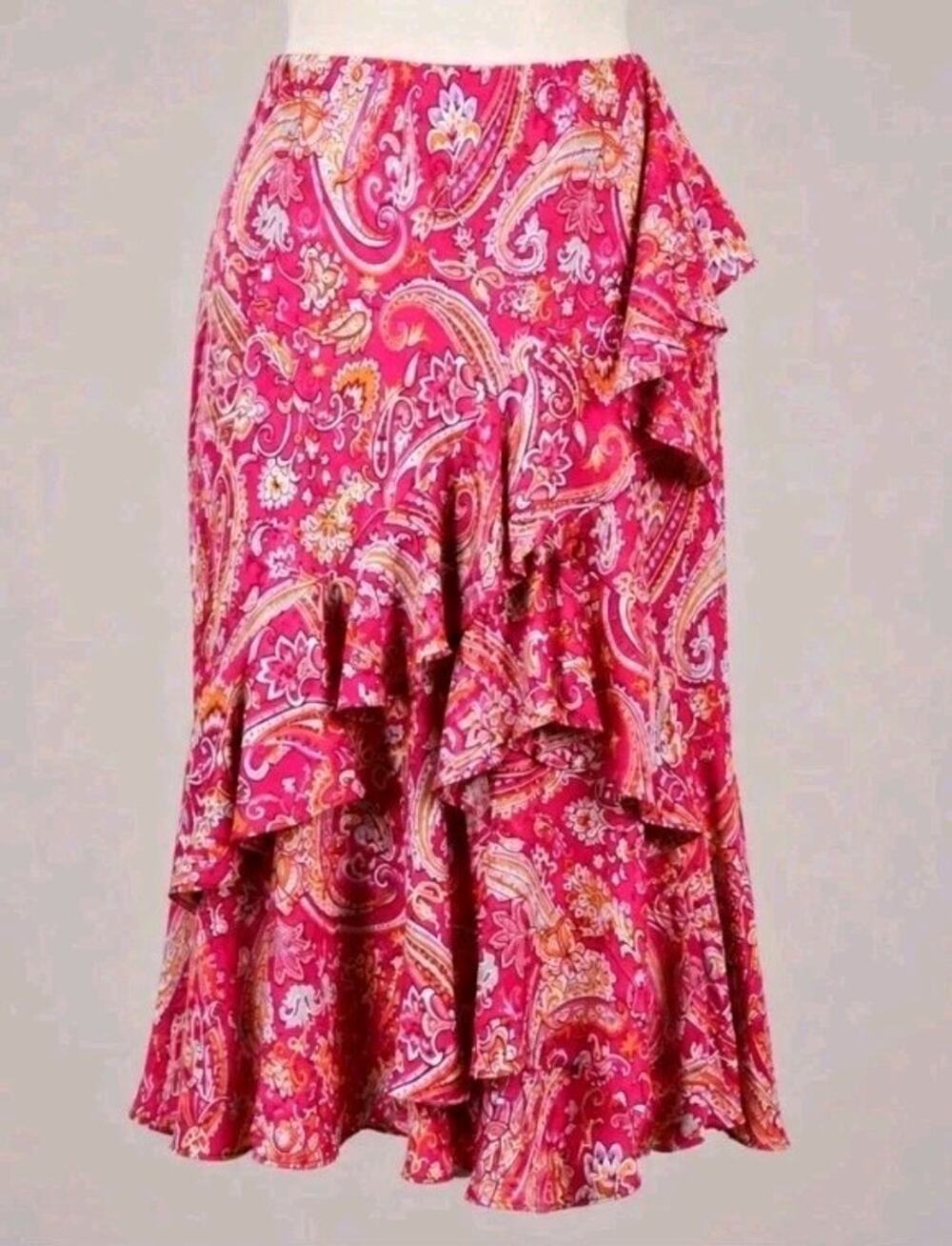 CHAPS Ralph Lauren Pink Paisley Ruffle Midi Skirt Y2K Boho Chiffon Fairy Size XL